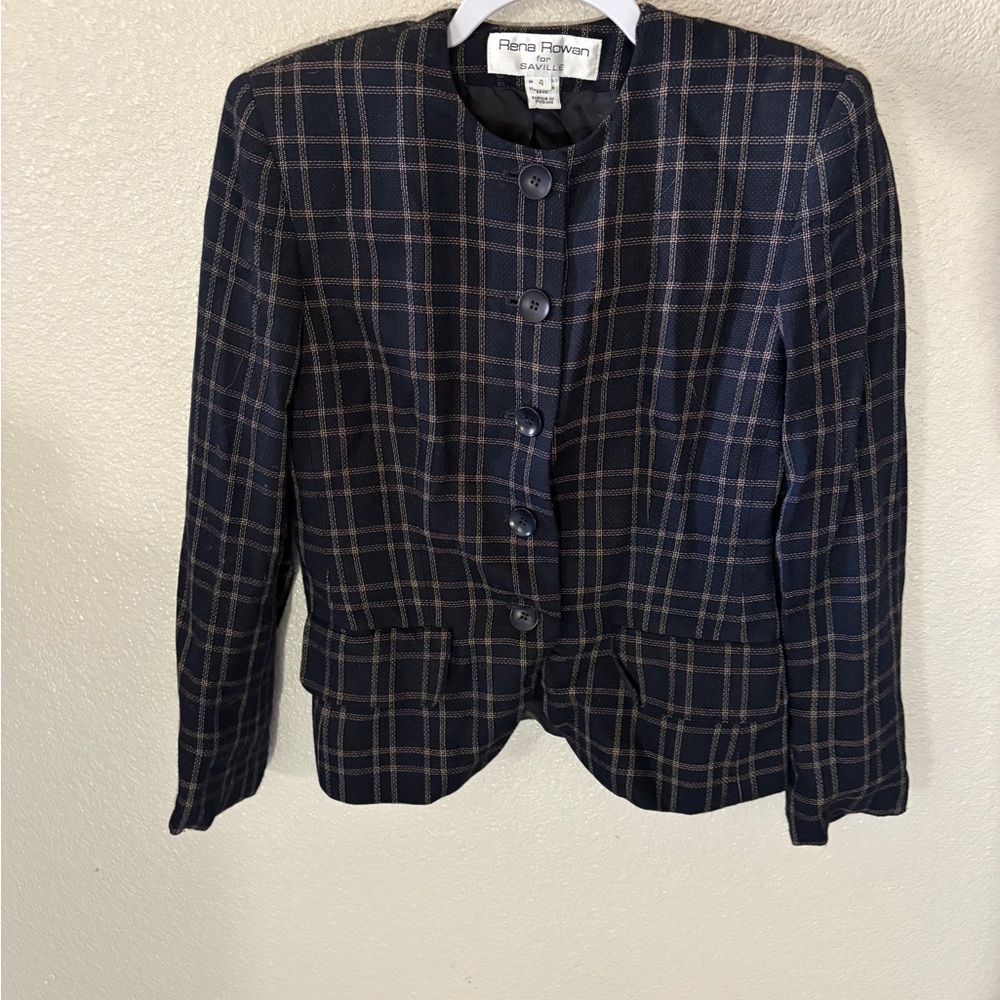 Rena Rowan for Saville Navy and Brown Vintage Plaid Blazer Size 4
